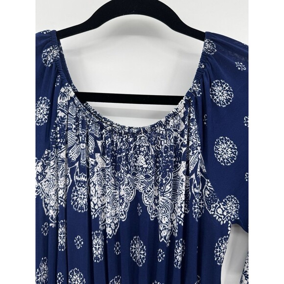 Woman Navy Blue White Paisley Maxi Dress Boho Medallion Bandanna Print Summer 1X - Picture 4 of 11